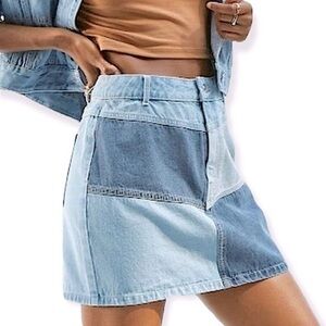 Wild Fable 100% Cotton Blue Denim Boho Patchwork Zip Fly Mini Skirt Size 2